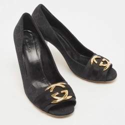 Gucci Black GG Canvas Interlocking G Buckle Open Toe Pumps Size 38
