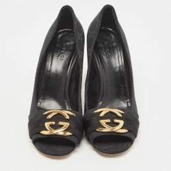 Gucci Black GG Canvas Interlocking G Buckle Open Toe Pumps Size 38