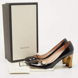 Pre Owned Gucci Black Patent Leather Pearl Embellished Block Heel Pumps Size 38.5