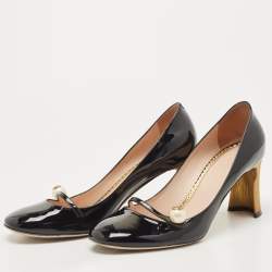 Pre Owned Gucci Black Patent Leather Pearl Embellished Block Heel Pumps Size 38.5
