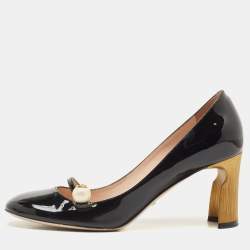 Pre Owned Gucci Black Patent Leather Pearl Embellished Block Heel Pumps Size 38.5