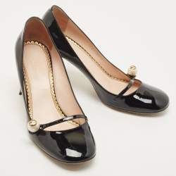 Pre Owned Gucci Black Patent Leather Pearl Embellished Block Heel Pumps Size 38.5