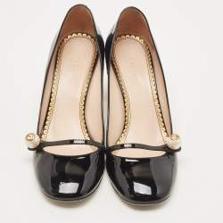 Pre Owned Gucci Black Patent Leather Pearl Embellished Block Heel Pumps Size 38.5