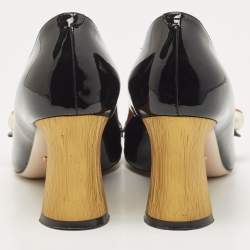 Pre Owned Gucci Black Patent Leather Pearl Embellished Block Heel Pumps Size 38.5