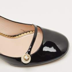 Pre Owned Gucci Black Patent Leather Pearl Embellished Block Heel Pumps Size 38.5