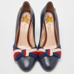 Pre Owned Gucci Blue Leather Aline Block Heel Pumps Size 36.5