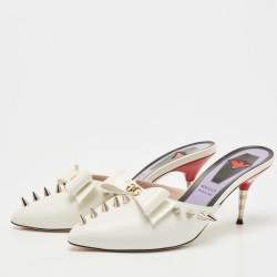 Gucci White Patent Leather Spikes GG Bow Slide Mules Size 38