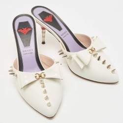 Gucci White Patent Leather Spikes GG Bow Slide Mules Size 38