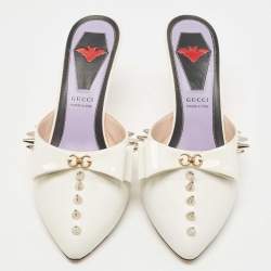 Gucci White Patent Leather Spikes GG Bow Slide Mules Size 38