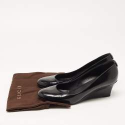 Pre Owned Gucci Black Patent Leather Wedge Round Toe Pumps Size 39