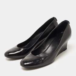 Pre Owned Gucci Black Patent Leather Wedge Round Toe Pumps Size 39