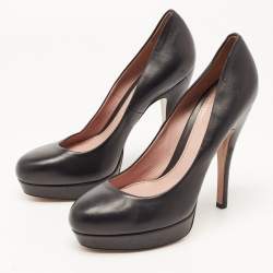 Pre Owned Gucci Black Leather Platform Round Toe Pumps Size 37.5