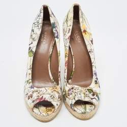 Pre Owned Gucci White Floral Print Canvas Horsebit Peep Toe Wedge Pumps Size 40