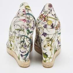 Pre Owned Gucci White Floral Print Canvas Horsebit Peep Toe Wedge Pumps Size 40