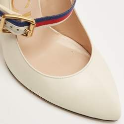 مملوكة مسبقًا Gucci White Leather Sylvie Mary Jane Buckle Detail Pointed Toe Pumps Size 37
