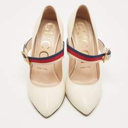 مملوكة مسبقًا Gucci White Leather Sylvie Mary Jane Buckle Detail Pointed Toe Pumps Size 37