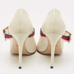 مملوكة مسبقًا Gucci White Leather Sylvie Mary Jane Buckle Detail Pointed Toe Pumps Size 37