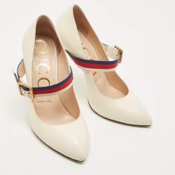 مملوكة مسبقًا Gucci White Leather Sylvie Mary Jane Buckle Detail Pointed Toe Pumps Size 37