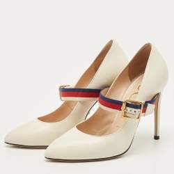 مملوكة مسبقًا Gucci White Leather Sylvie Mary Jane Buckle Detail Pointed Toe Pumps Size 37