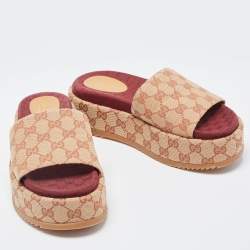 Gucci Beige GG Canvas Platform Flat Slides Size 38