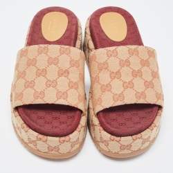 Gucci Beige GG Canvas Platform Flat Slides Size 38