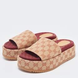 Gucci Beige GG Canvas Platform Flat Slides Size 38
