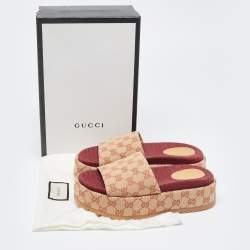 Gucci Beige GG Canvas Platform Flat Slides Size 38