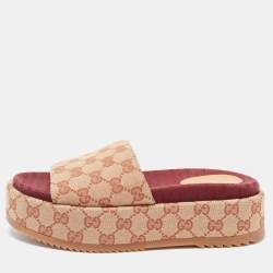Gucci Beige GG Canvas Platform Flat Slides Size 38