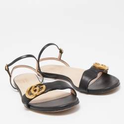 Gucci Black Leather GG Marmont Ankle Strap Flat Sandals Size 37