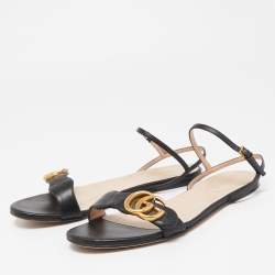 Gucci Black Leather GG Marmont Ankle Strap Flat Sandals Size 37