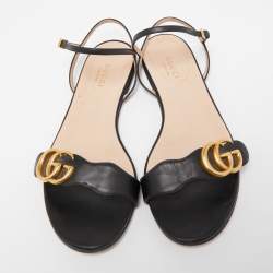 Gucci Black Leather GG Marmont Ankle Strap Flat Sandals Size 37