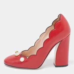 Pre Owned Gucci Red Leather Scalloped Willow Pearl Embellished Block Heel Pumps Size 38