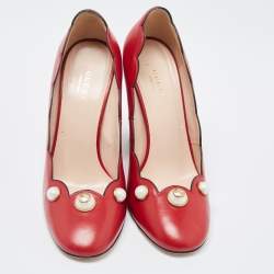 Pre Owned Gucci Red Leather Scalloped Willow Pearl Embellished Block Heel Pumps Size 38