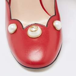 Pre Owned Gucci Red Leather Scalloped Willow Pearl Embellished Block Heel Pumps Size 38