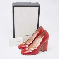 Pre Owned Gucci Red Leather Scalloped Willow Pearl Embellished Block Heel Pumps Size 38