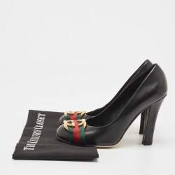 Pre Owned Gucci Black Leather Signature Web Interlocking G Buckle Pumps Size 37