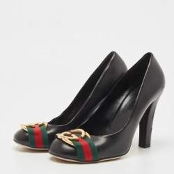 Pre Owned Gucci Black Leather Signature Web Interlocking G Buckle Pumps Size 37