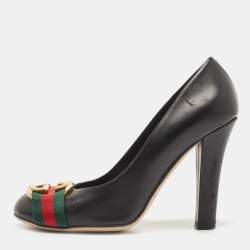 Pre Owned Gucci Black Leather Signature Web Interlocking G Buckle Pumps Size 37