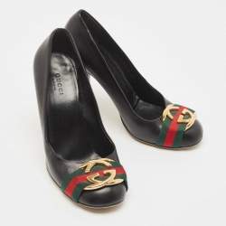 Pre Owned Gucci Black Leather Signature Web Interlocking G Buckle Pumps Size 37