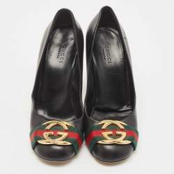 Pre Owned Gucci Black Leather Signature Web Interlocking G Buckle Pumps Size 37