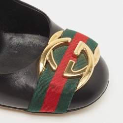 Pre Owned Gucci Black Leather Signature Web Interlocking G Buckle Pumps Size 37