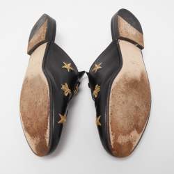 Pre Owned Gucci Black Leather Bee Embroidered Princetown Mules Size 36