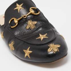 Pre Owned Gucci Black Leather Bee Embroidered Princetown Mules Size 36