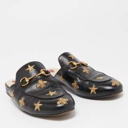 Pre Owned Gucci Black Leather Bee Embroidered Princetown Mules Size 36