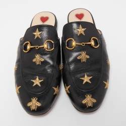 Pre Owned Gucci Black Leather Bee Embroidered Princetown Mules Size 36