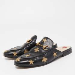 Pre Owned Gucci Black Leather Bee Embroidered Princetown Mules Size 36