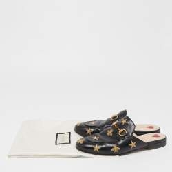 Pre Owned Gucci Black Leather Bee Embroidered Princetown Mules Size 36