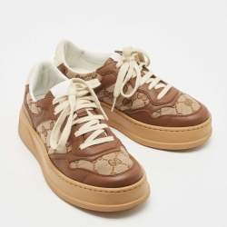 Gucci Brown/Beige GG Canvas And Leather Low Top Sneakers Size 35.5