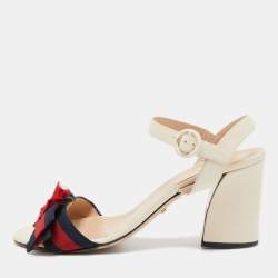 Gucci Cream Leather and Canvas Bow Flower Ankle Strap Sandals Size 38.5