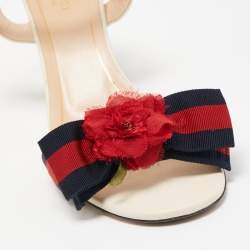 Gucci Cream Leather and Canvas Bow Flower Ankle Strap Sandals Size 38.5